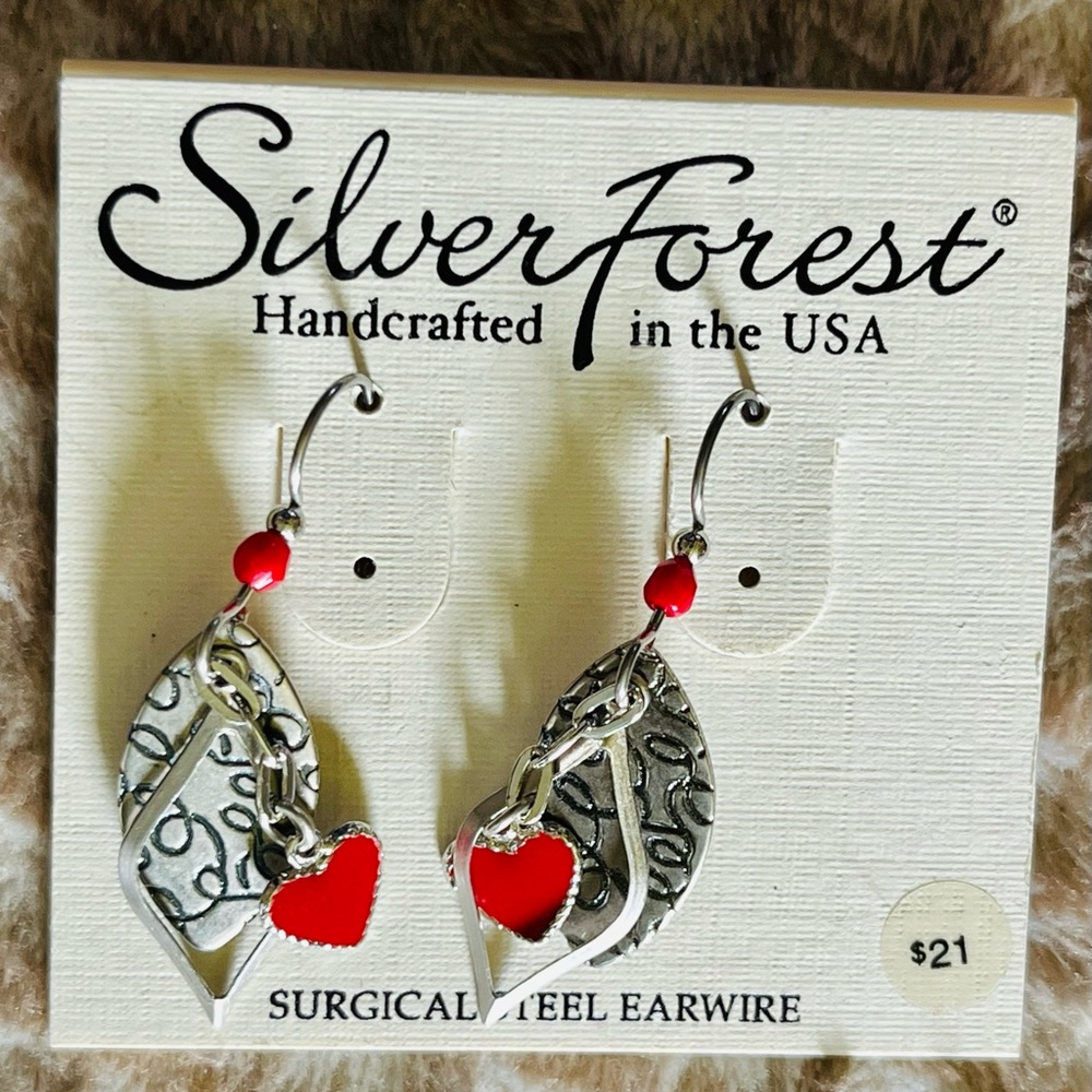 Silver Forest Silver leaf & Red Heart Earrings